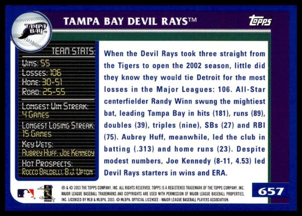 2003 Topps Tampa Bay Devil Rays #657 (Back)