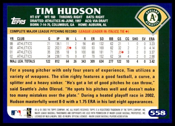 2003 Topps Tim Hudson #558 (Back)