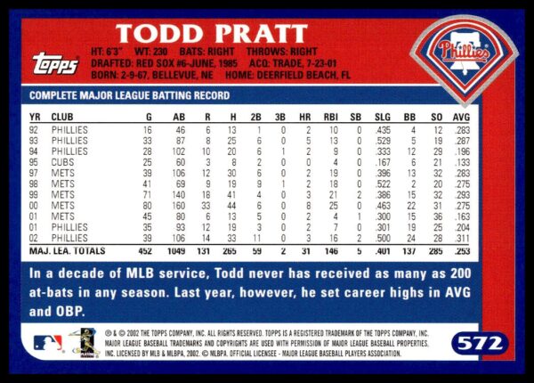 2003 Topps Todd Pratt #572 (Back)