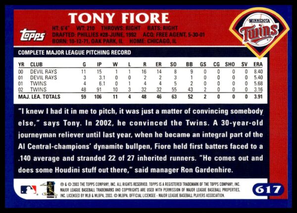 2003 Topps Tony Fiore #617 (Back)