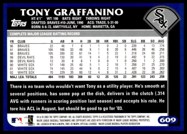 2003 Topps Tony Graffanino #609 (Back)