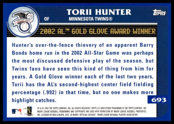 2003 Topps Torii Hunter #693 (Back)