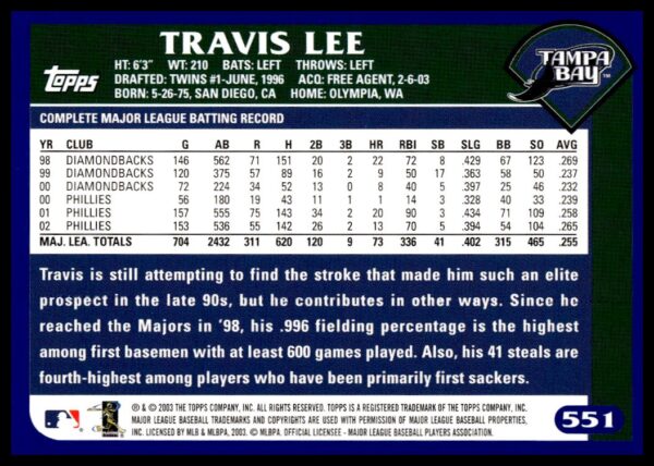 2003 Topps Travis Lee #366 (Back)