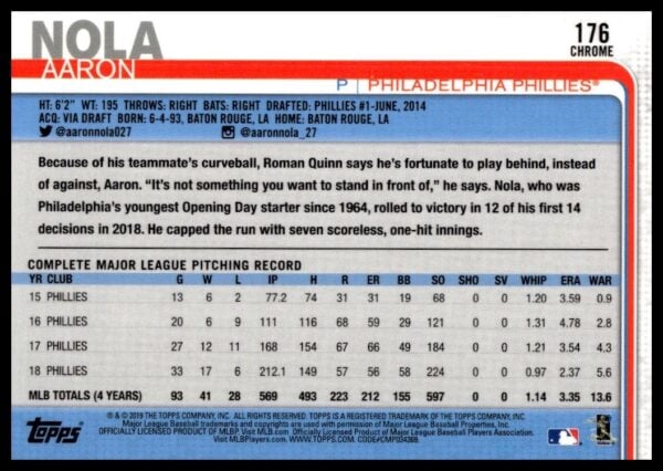 2019 Topps Chrome Aaron Nola #176 (Back)