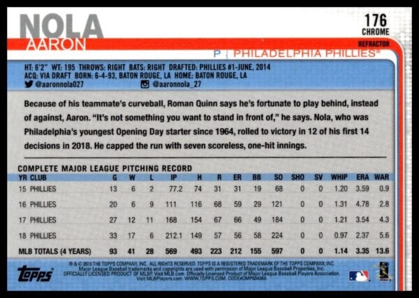 2019 Topps Chrome Aaron Nola X-Fractor #176 (Back)