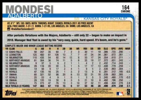 2019 Topps Chrome Adalberto Mondesi Prism Refractor #22 (Back)