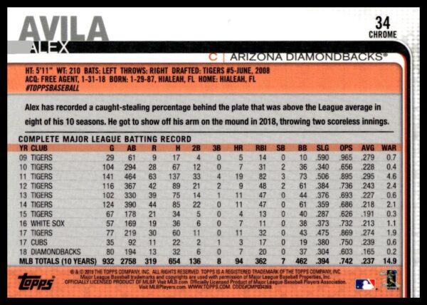 2019 Topps Chrome Alex Avila X-Fractor #458 (Back)