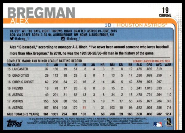 2019 Topps Chrome Alex Bregman #19 (Back)