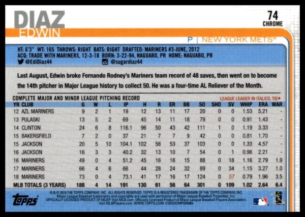 2019 Topps Chrome Edwin Diaz Prism Refractor #74 (Back)