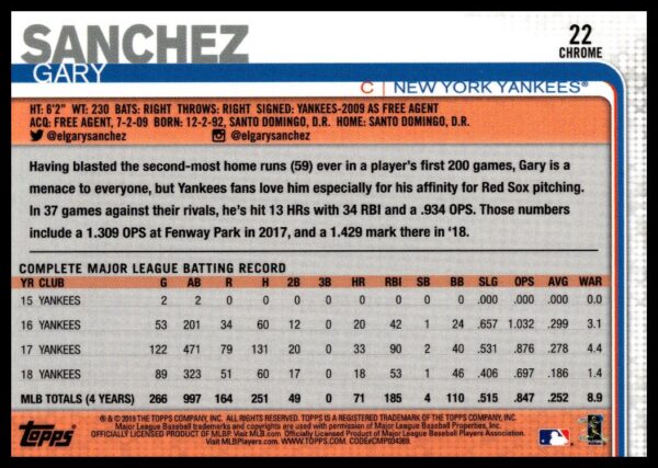 2019 Topps Chrome Gary Sanchez #22 (Back)