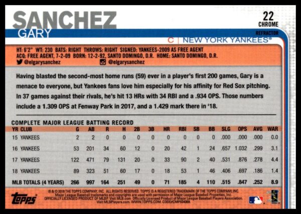 2019 Topps Chrome Gary Sanchez Rainbow Foil #353 (Back)