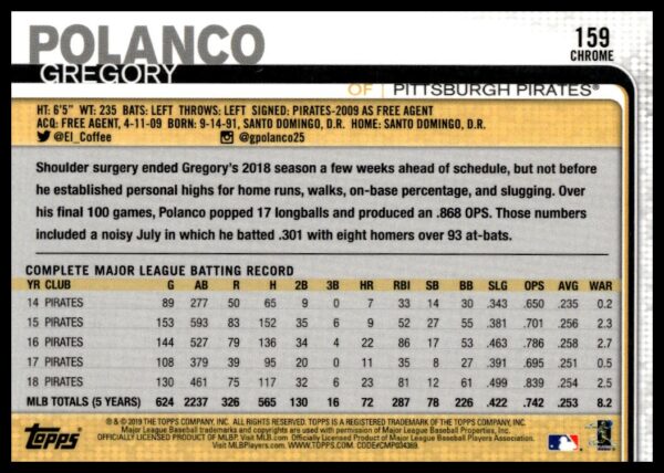 2019 Topps Chrome Gregory Polanco #159 (Back)