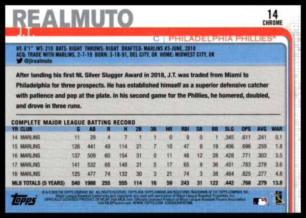 2019 Topps Chrome J.T. Realmuto #14 (Back)