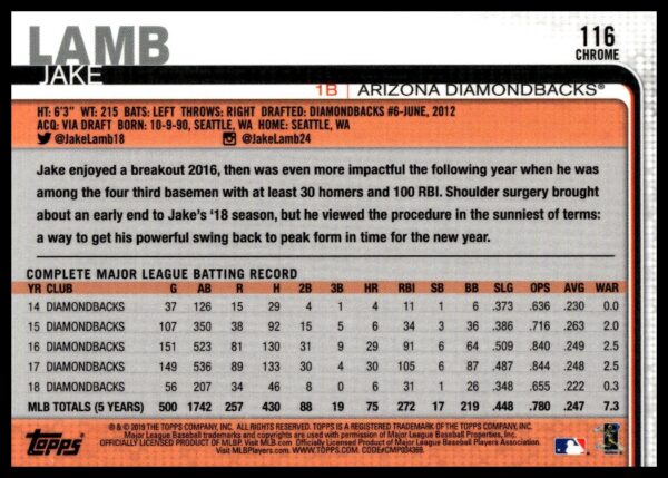 2019 Topps Chrome Jake Lamb Rainbow Foil #334 (Back)