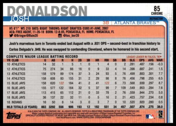 2019 Topps Chrome Josh Donaldson Rainbow Foil #85 (Back)