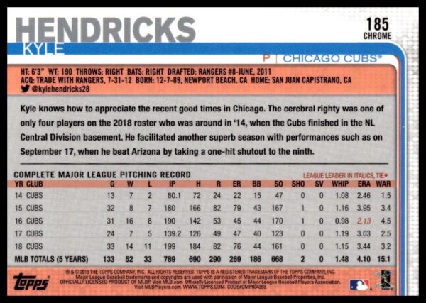 2019 Topps Chrome Kyle Hendricks Prism Refractor #185 (Back)