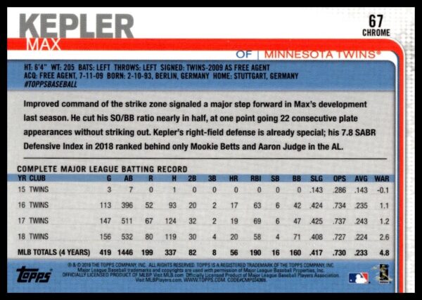 2019 Topps Chrome Max Kepler #67 (Back)