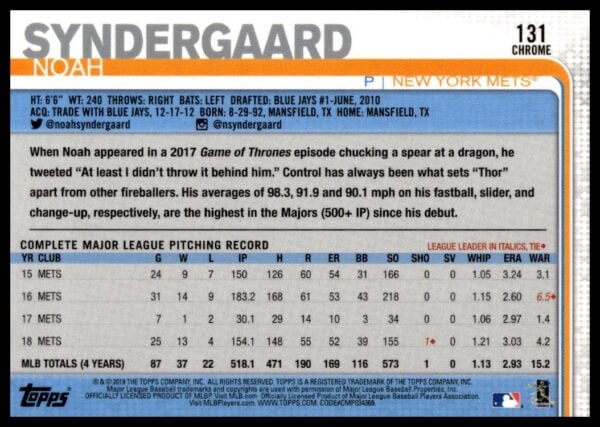 2019 Topps Chrome Noah Syndergaard Prism Refractor #126 (Back)