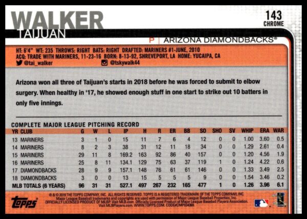 2019 Topps Chrome Taijuan Walker X-Fractor #143 (Back)