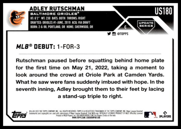 Adley Rutschmans 2023 Topps Update rookie baseball card featuring Baltimore Orioles debut.