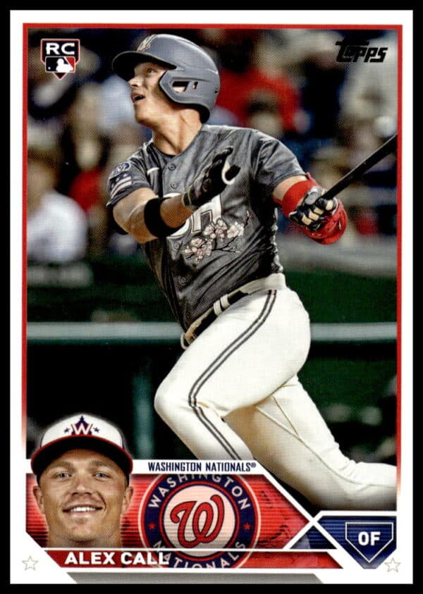 Alex Call action shot on 2023 Topps Update Rookie Card, playing for the Washington Nationals.