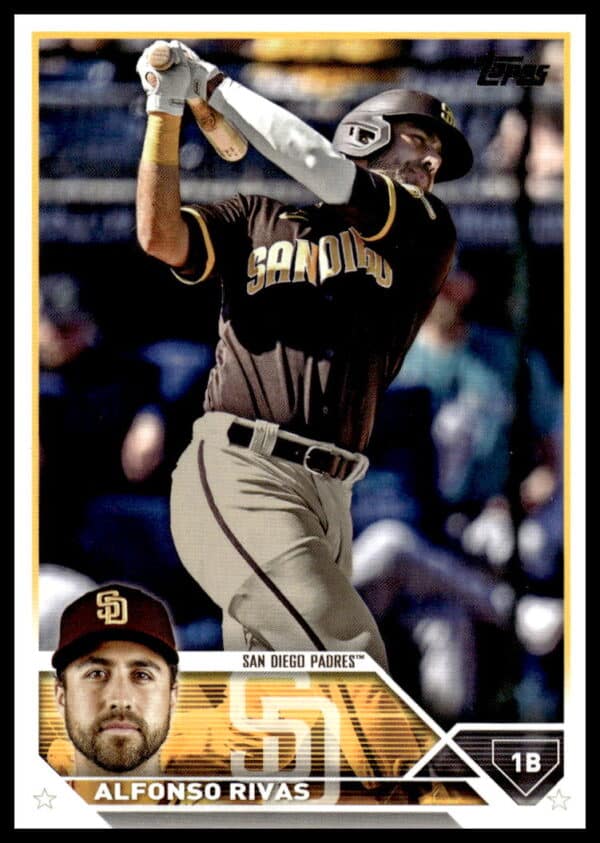 Alfonso Rivas, San Diego Padres first baseman, in action on a 2023 Topps Update baseball card.