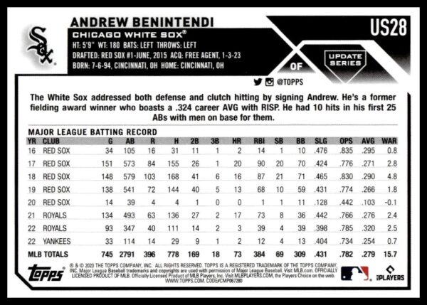 2023 Topps Update Andrew Benintendi #US28 (Back)