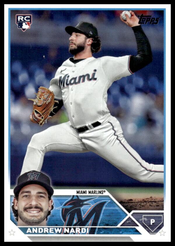 Andrew Nardi rookie baseball card, Miami Marlins pitcher, from 2023 Topps Update.