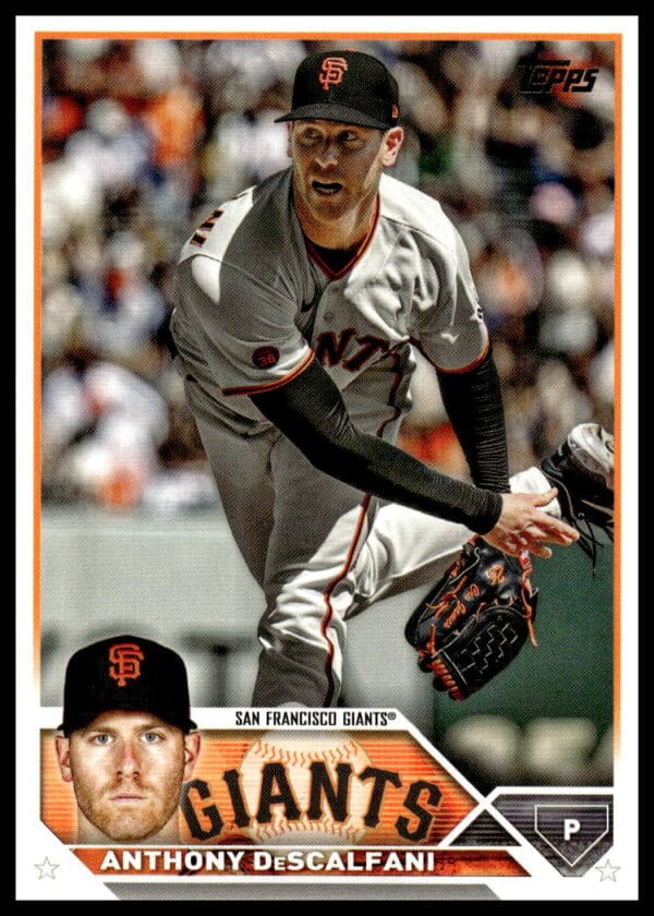 Anthony DeSclafani pitching for Giants in 2023 Topps Baseball Card.