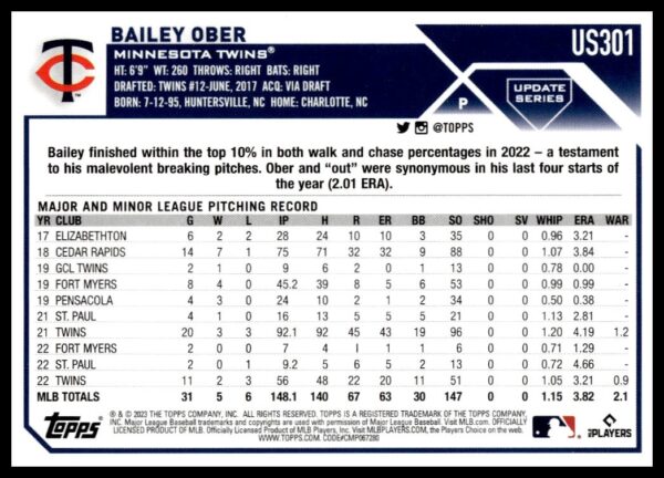 2023 Topps Update Bailey Ober #US301 (Back)