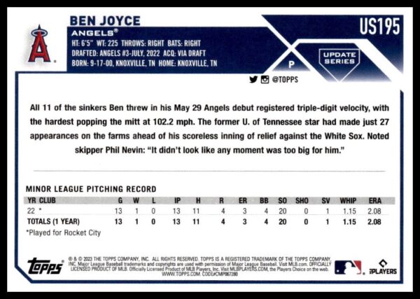 2023 Topps Update Baseball Card featuring Pitcher Ben Joyce of the Los Angeles Angels.