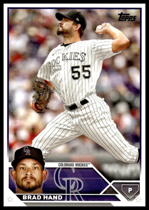 Brad Hand pitching in Colorado Rockies uniform on 2023 Topps baseball card.