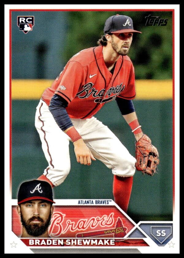 Braden Shewmakes 2023 Topps Rookie Card featuring him in Braves uniform.