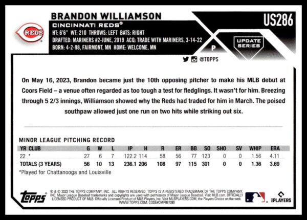 2023 Topps rookie card for Cincinnati Reds player Brandon Williamson, showcasing his stats.