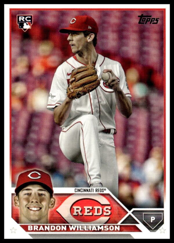 Rookie Brandon Williamson pitching in Cincinnati Reds uniform on 2023 Topps Update card.