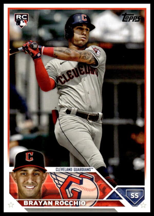 2023 Topps Update card featuring Cleveland Guardians shortstop Brayan Rocchio in action.