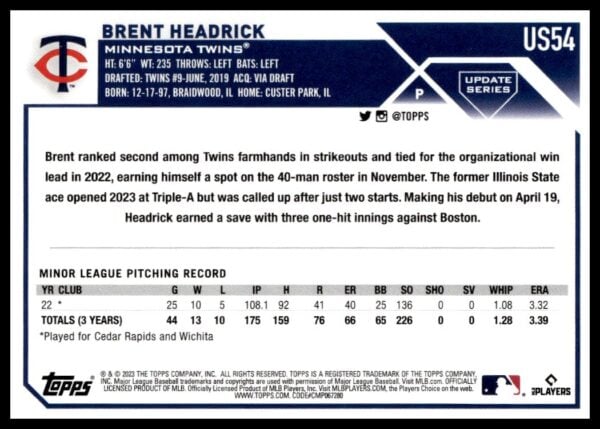 2023 Topps Update Brent Headrick #US54 (Back)