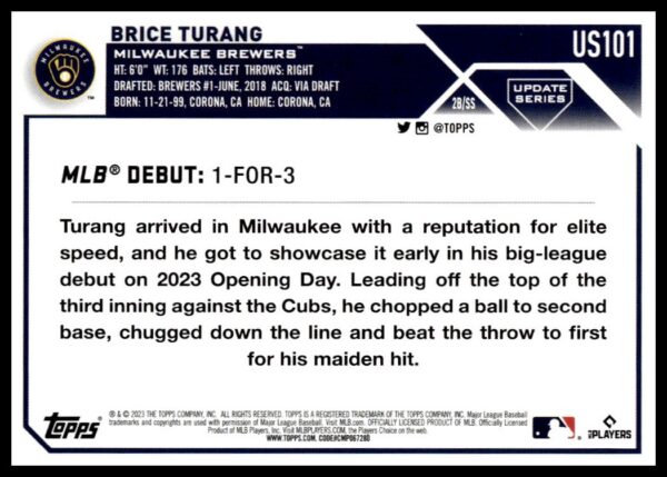 2023 Topps Update Brice Turang #US101 (Back)