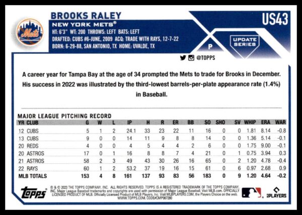 2023 Topps Update Brooks Raley #US43 (Back)