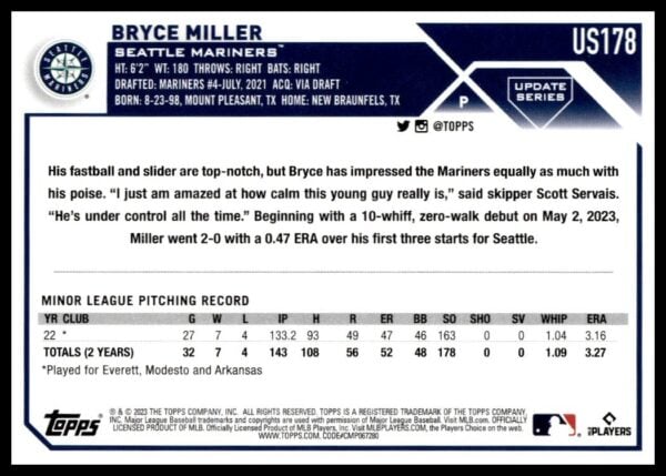 2023 Topps Update Bryce Miller #US178 (Back)