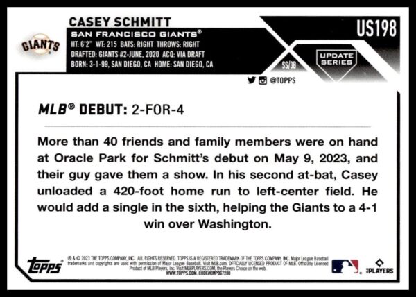 Casey Schmitts 2023 Topps Update baseball card detailing his MLB debut with San Francisco Giants.