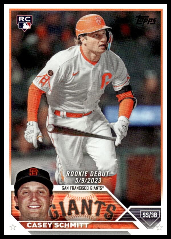 2023 Topps Rookie Card featuring Casey Schmitt of San Francisco Giants in action.