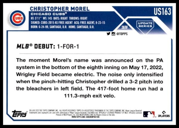 Christopher Morels 2023 Topps Update baseball card commemorating his debut MLB home run.