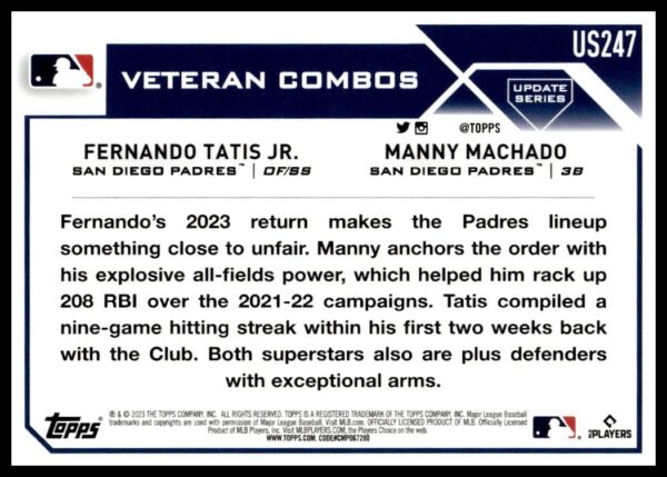 2023 Topps Update City Connection (Fernando Tatis Jr. / Manny Machado) #US247 (Back)