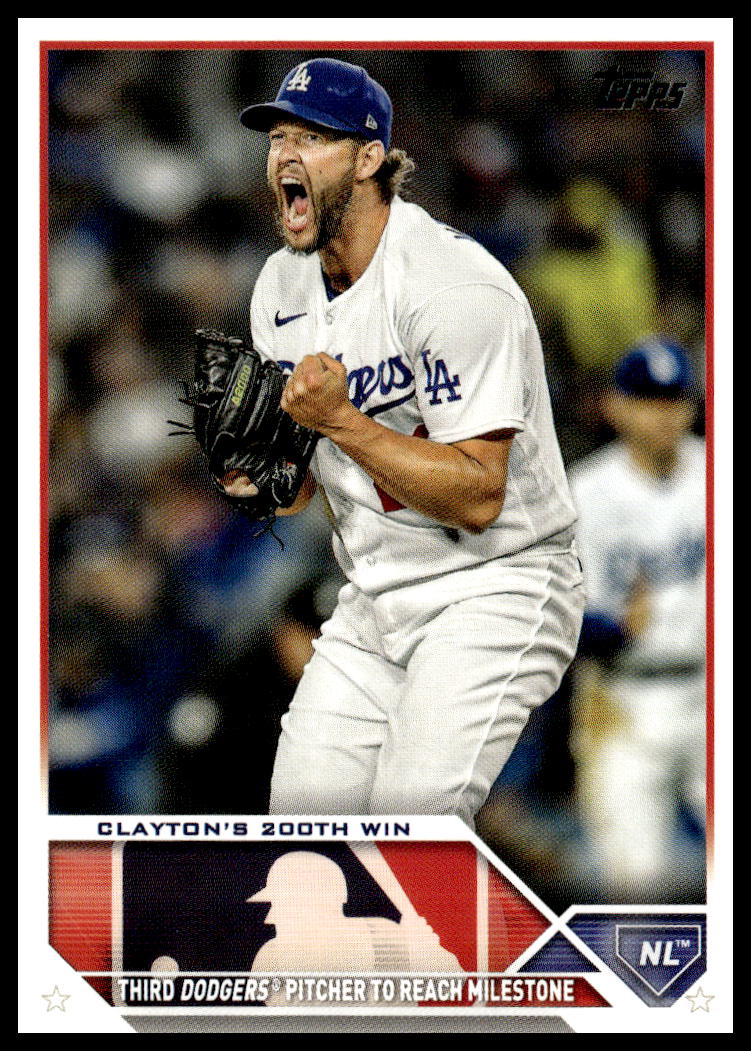 Los Angeles Dodgers player Clayton celebrates his 200th win in this 2023 Topps Update card.