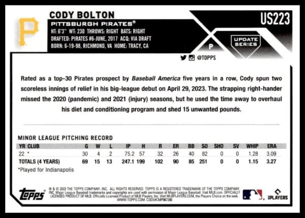 2023 Topps Update Cody Bolton #US223 (Back)