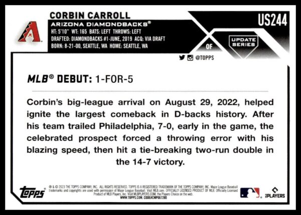 Topps Baseball Card featuring Corbin Carroll of Arizona Diamondbacks, 2023 Update Series.