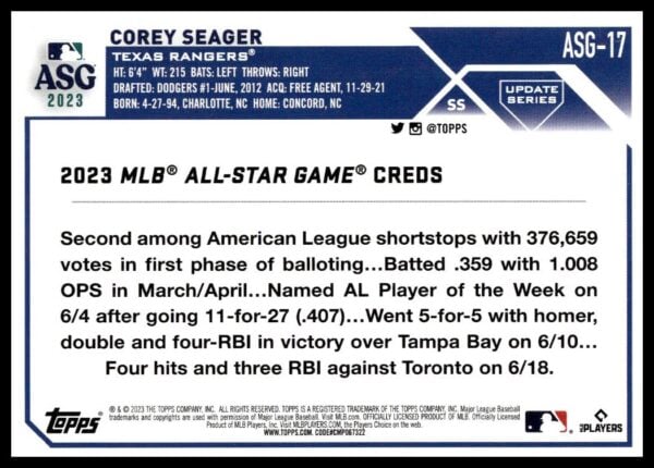 2023 Topps All-Star Game card showcasing Texas Rangers shortstop Corey Seagers achievements.