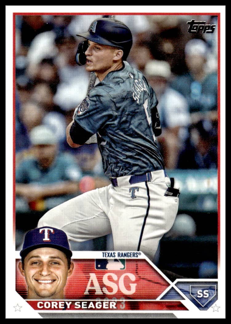 2023 Topps card featuring All-Star shortstop Corey Seager in action.