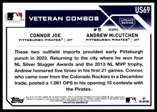 2023 Topps baseball card featuring Pittsburgh Pirates outfielders Connor Joe and Andrew McCutchen.